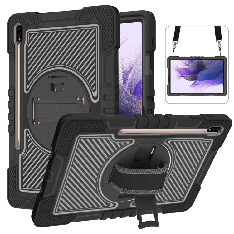 For Samsung Galaxy Tab S7 FE T730 / T735 / Tab S7+ T970 / T975 360 Degree Rotation Contrast Color Shockproof Silicone + PC Case with Holder & Hand Grip Strap & Shoulder Strap(Black) by bashfashion