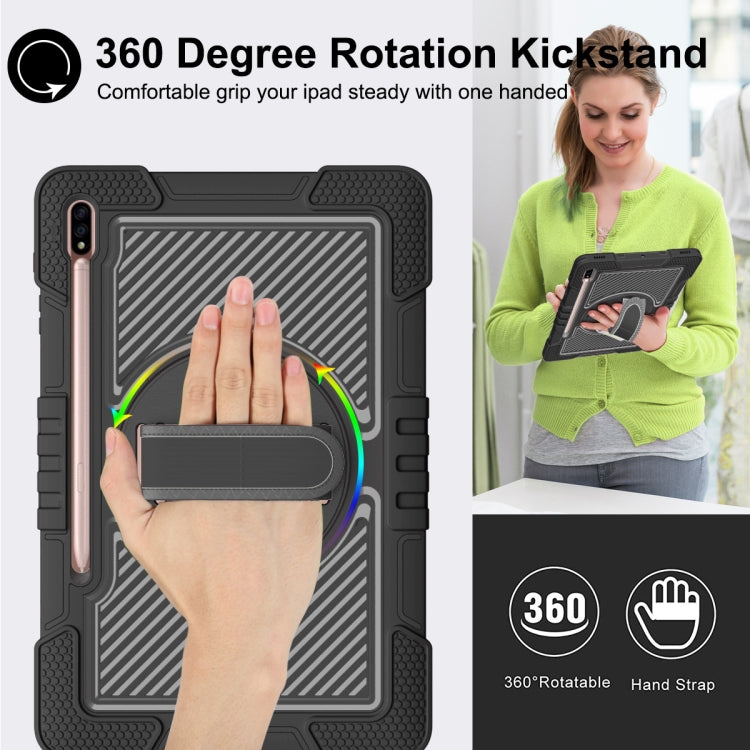 For Samsung Galaxy Tab S7 FE T730 / T735 / Tab S7+ T970 / T975 360 Degree Rotation Contrast Color Shockproof Silicone + PC Case with Holder & Hand Grip Strap & Shoulder Strap(Black) by bashfashion