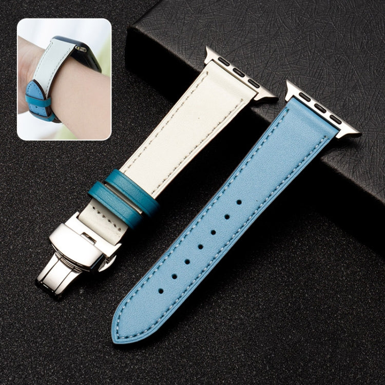 Butterfly Clasp Top Layer Cowhide Leather Strap Watch Band For Apple Watch Series 9&8&7 41mm / SE 3&SE 2&6&SE&5&4 40mm / 3&2&1 38mm(Baby Blue) by bashfashion