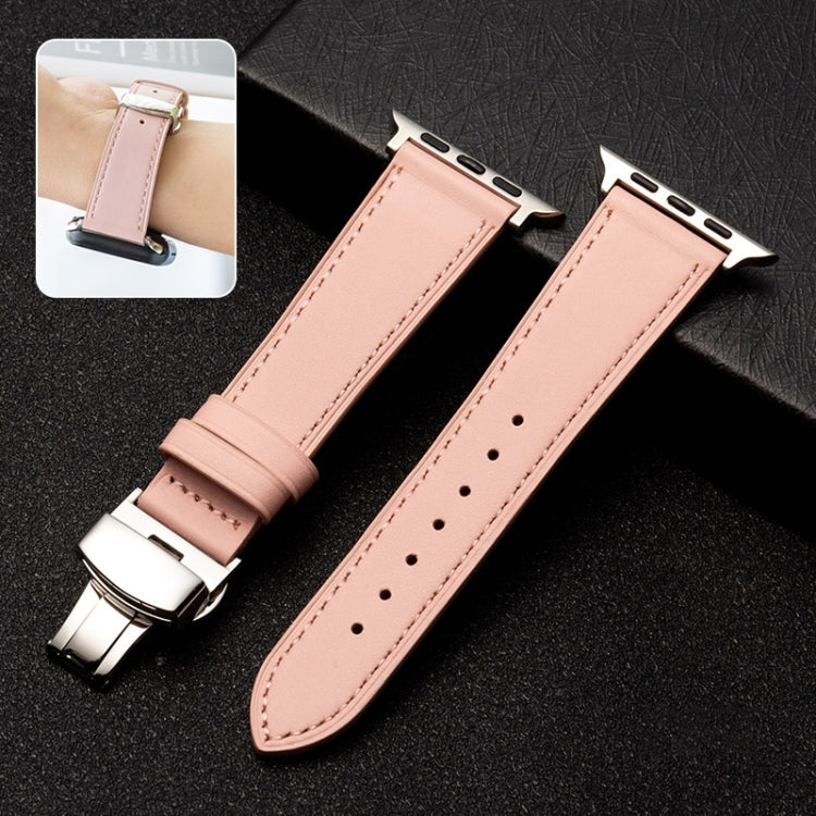 Butterfly Clasp Top Layer Cowhide Leather Strap Watch Band For Apple Watch Series 9&8&7 41mm / SE 3&SE 2&6&SE&5&4 40mm / 3&2&1 38mm(Pink) by bashfashion