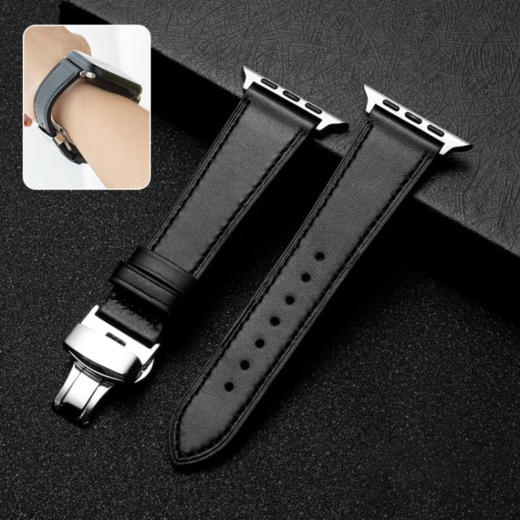 Butterfly Clasp Top Layer Cowhide Leather Strap Watch Band For Apple Watch Series 9&8&7 41mm / SE 3&SE 2&6&SE&5&4 40mm / 3&2&1 38mm(Black) by bashfashion