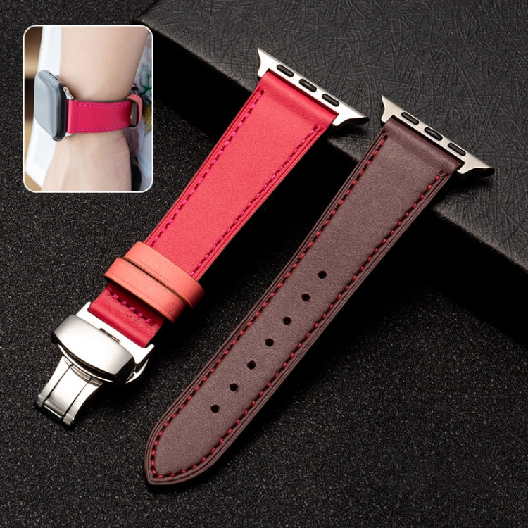 Butterfly Clasp Top Layer Cowhide Leather Strap Watch Band For Apple Watch Series 9&8&7 41mm / SE 3&SE 2&6&SE&5&4 40mm / 3&2&1 38mm(Red) by bashfashion
