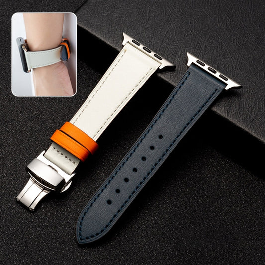 Butterfly Clasp Top Layer Cowhide Leather Strap Watch Band For Apple Watch Ultra 49mm&Watch Ultra 2 49mm / Series 9&8&7 45mm / SE 3&SE 2&6&SE&5&4 44mm / 3&2&1 42mm(Dark Blue) by bashfashion