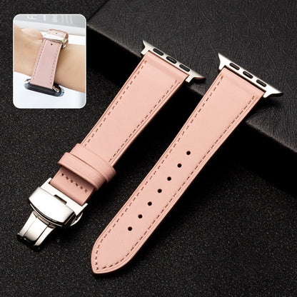 Butterfly Clasp Top Layer Cowhide Leather Strap Watch Band For Apple Watch Ultra 49mm&Watch Ultra 2 49mm / Series 9&8&7 45mm / SE 3&SE 2&6&SE&5&4 44mm / 3&2&1 42mm(Pink) by bashfashion