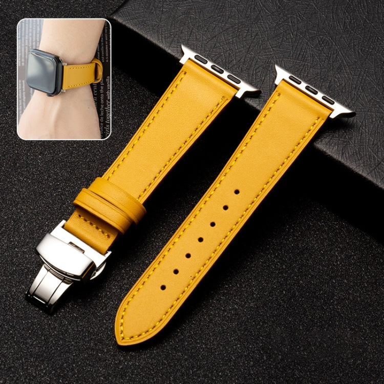Butterfly Clasp Top Layer Cowhide Leather Strap Watch Band For Apple Watch Ultra 49mm&Watch Ultra 2 49mm / Series 9&8&7 45mm / SE 3&SE 2&6&SE&5&4 44mm / 3&2&1 42mm(Yellow) by bashfashion