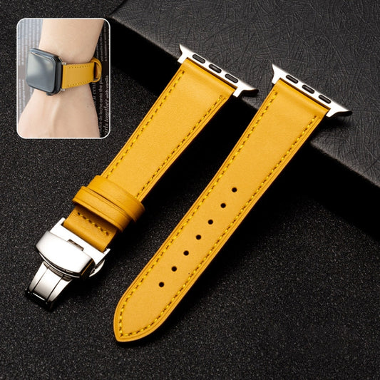 Butterfly Clasp Top Layer Cowhide Leather Strap Watch Band For Apple Watch Ultra 49mm&Watch Ultra 2 49mm / Series 9&8&7 45mm / SE 3&SE 2&6&SE&5&4 44mm / 3&2&1 42mm(Yellow) by bashfashion