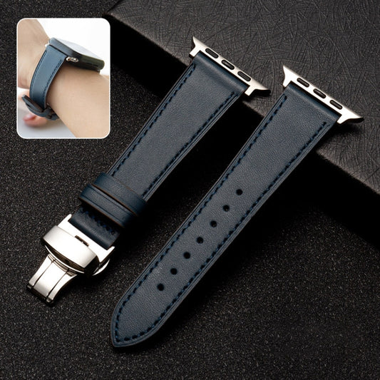 Butterfly Clasp Top Layer Cowhide Leather Strap Watch Band For Apple Watch Ultra 49mm&Watch Ultra 2 49mm / Series 9&8&7 45mm / SE 3&SE 2&6&SE&5&4 44mm / 3&2&1 42mm(Blue) by bashfashion