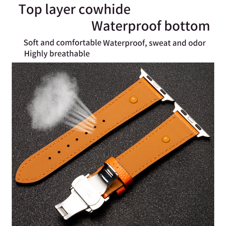 Butterfly Clasp Top Layer Cowhide Leather Strap Watch Band For Apple Watch Ultra 49mm&Watch Ultra 2 49mm / Series 9&8&7 45mm / SE 3&SE 2&6&SE&5&4 44mm / 3&2&1 42mm(Blue) by bashfashion