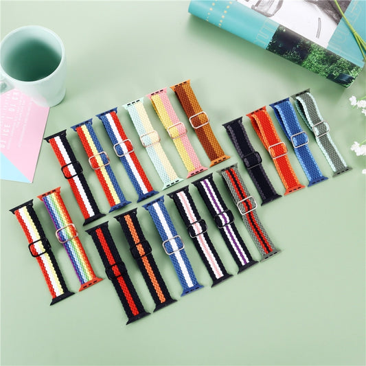 Adjustable Striped Woven Nylon Strap Watch Band For Apple Watch Series 9&8&7 41mm / SE 3&SE 2&6&SE&5&4 40mm / 3&2&1 38mm(Black White Purple) by bashfashion