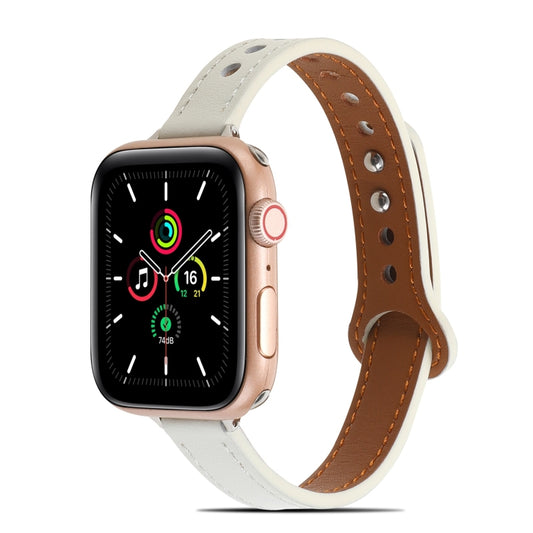 Double Rivets Leather Watch Band for Apple Watch Series 9&8&7 41mm / SE 3&SE 2&6&SE&5&4 40mm / 3&2&1 38mm(White) by bashfashion