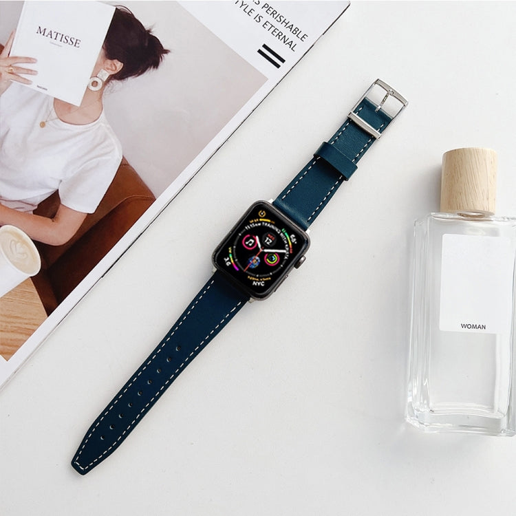 Flat Texture Leather Strap For Apple Watch Series 9&8&7 41mm / SE 3&SE 2&6&SE&5&4 40mm / 3&2&1 38mm(Blue) by bashfashion