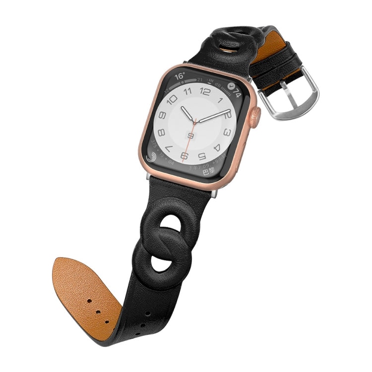 Double Rings Genuine Leather Watch Band For Apple Watch Series 9&8&7 41mm / SE 3&SE 2&6&SE&5&4 40mm / 3&2&1 38mm(Black) by bashfashion