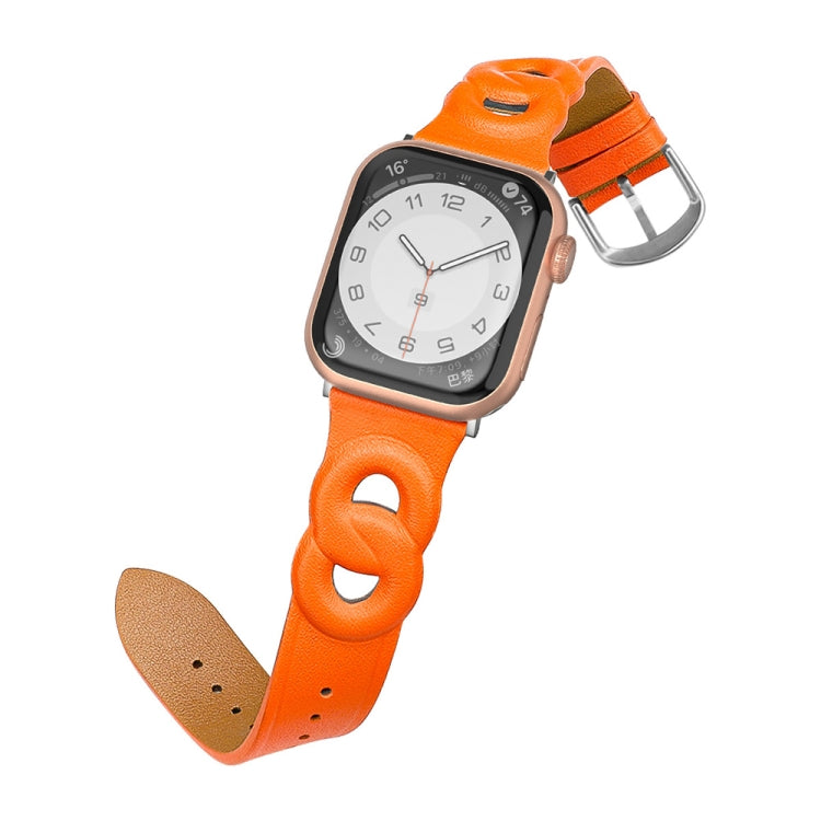 Double Rings Genuine Leather Watch Band For Apple Watch Series 9&8&7 41mm / SE 3&SE 2&6&SE&5&4 40mm / 3&2&1 38mm(Orange) by bashfashion