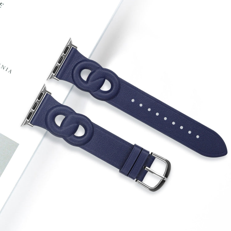 Double Rings Genuine Leather Watch Band For Apple Watch Series 9&8&7 41mm / SE 3&SE 2&6&SE&5&4 40mm / 3&2&1 38mm(Blue) by bashfashion