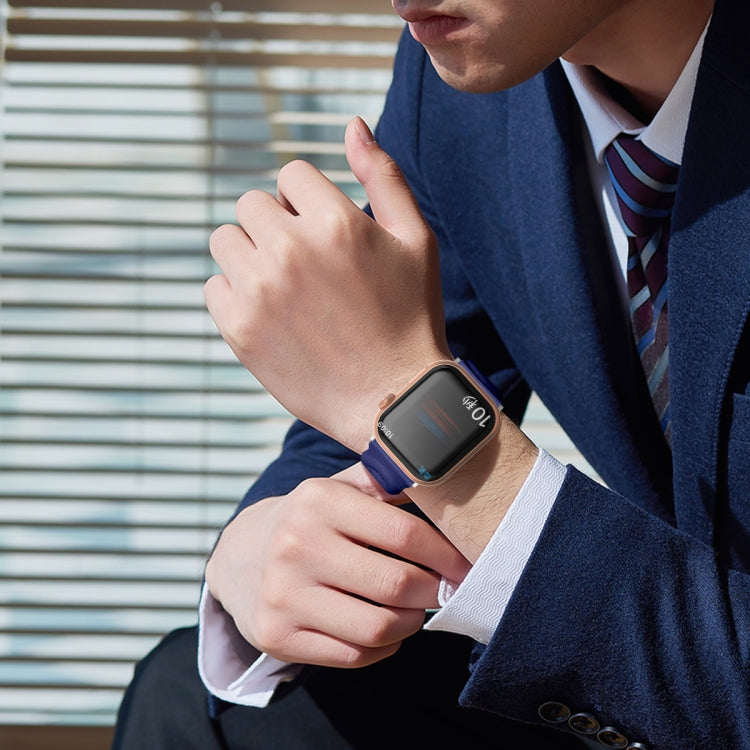 Double Rings Genuine Leather Watch Band For Apple Watch Series 9&8&7 41mm / SE 3&SE 2&6&SE&5&4 40mm / 3&2&1 38mm(Blue) by bashfashion