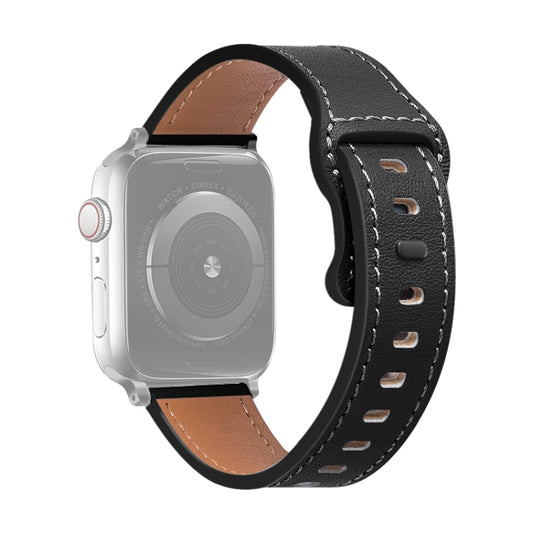 Butterfly Buckle Cowhide Leather Watch Band For Apple Watch Ultra 49mm&Watch Ultra 2 49mm / Series 9&8&7 45mm / SE 3&SE 2&6&SE&5&4 44mm / 3&2&1 42mm(Black) by bashfashion