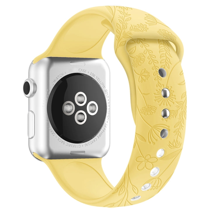 Butterflies Love Flower Embossing Silicone Watch Band For Apple Watch Series 9&8&7 41mm / SE 3&SE 2&6&SE&5&4 40mm / 3&2&1 38mm(Light Yellow) by bashfashion
