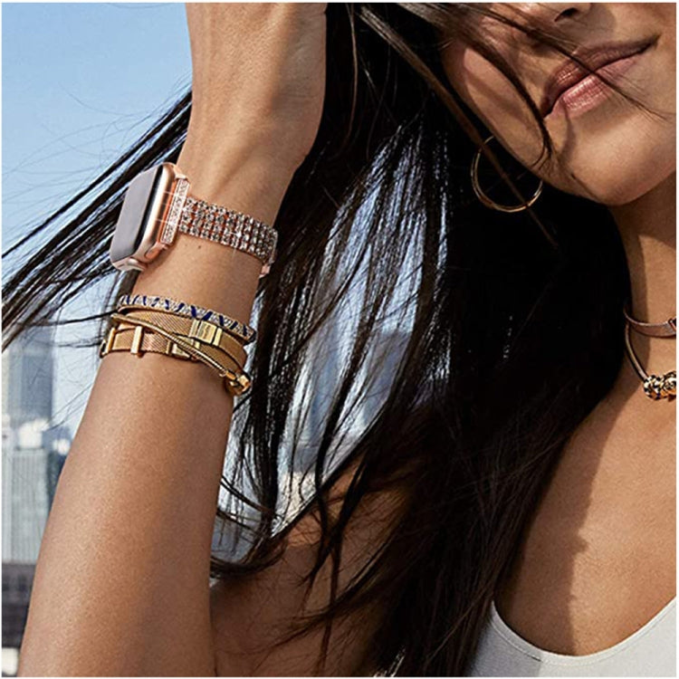 Four-row Diamond-set Metal Watch Band For Apple Watch Series 9&8&7 41mm / SE 3&SE 2&6&SE&5&4 40mm / 3&2&1 38mm(Rose Gold) by bashfashion