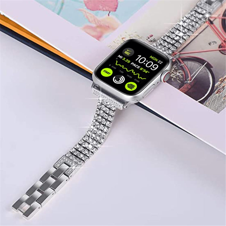 Four-row Diamond-set Metal Watch Band For Apple Watch Series 9&8&7 41mm / SE 3&SE 2&6&SE&5&4 40mm / 3&2&1 38mm(Silver) by bashfashion