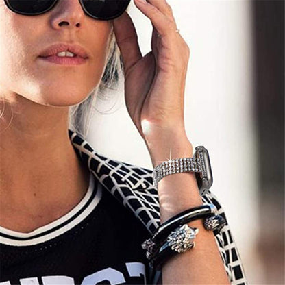 Four-row Diamond-set Metal Watch Band For Apple Watch Series 9&8&7 41mm / SE 3&SE 2&6&SE&5&4 40mm / 3&2&1 38mm(Silver) by bashfashion