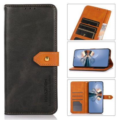 For iPhone 15 KHAZNEH Dual-color Cowhide Texture Flip Leather Phone Case(Black) by bashfashion