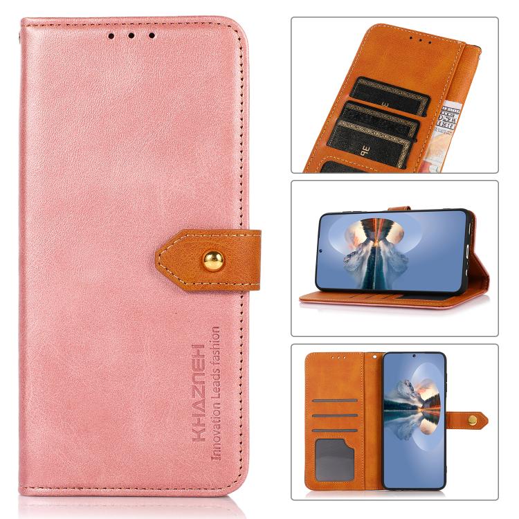 For iPhone 15 KHAZNEH Dual-color Cowhide Texture Flip Leather Phone Case(Rose Gold) by bashfashion