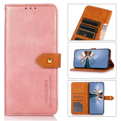 For iPhone 15 KHAZNEH Dual-color Cowhide Texture Flip Leather Phone Case(Rose Gold) by bashfashion