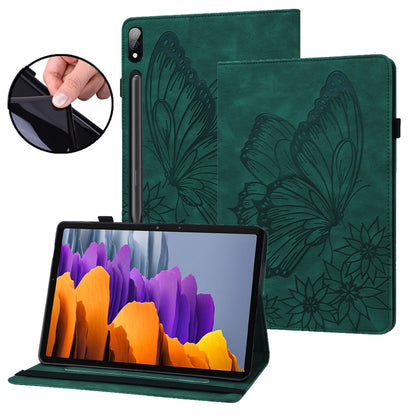For Samsung Galaxy Tab S7 T870 Big Butterfly Embossed Leather Tablet Case(Green) by bashfashion