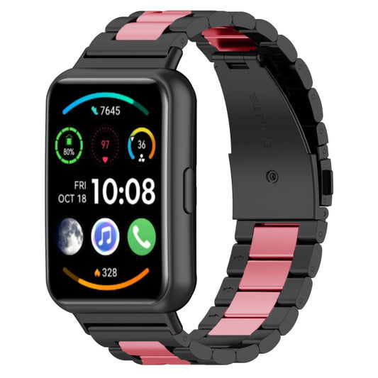 For Huawei Watch Fit 2 Three-bead Metal Stainless Steel Watch Band(Black Pink) by bashfashion