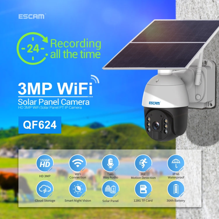 ESCAM QF624 3MP HD IP66 Waterproof WiFi Solar Panel PT IP Camera without Battery by ESCAM