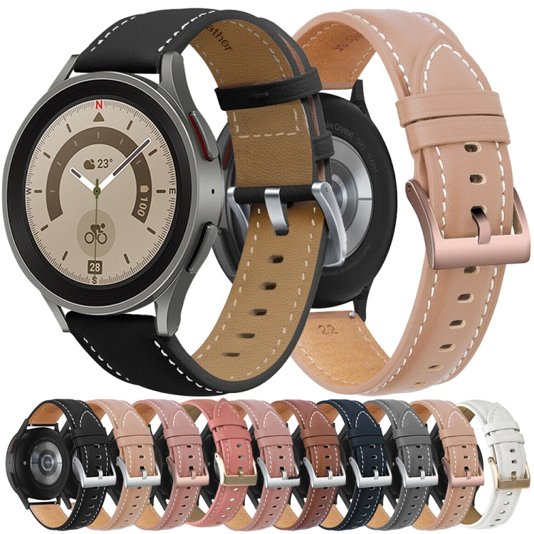 For Samsung Galaxy Watch5 40mm / 44mm Stitching Genuine Leather Watch Band(White+Gold) by bashfashion