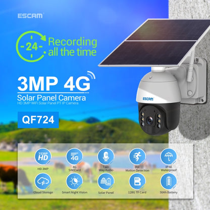 ESCAM QF724 3MP 24h Recording Cloud Storage PT 4G PIR Alarm IP Camera with Solar Panel, US Signal Bands by ESCAM