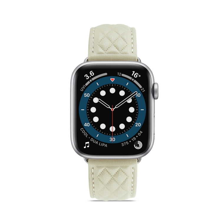 Diamond Lattice Genuine Leather Watch Band for Apple Watch Series 9&8&7 41mm / SE 3&SE 2&6&SE&5&4 40mm / 3&2&1 38mm(Beige) by bashfashion