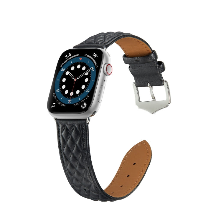 Diamond Lattice Genuine Leather Watch Band for Apple Watch Series 9&8&7 41mm / SE 3&SE 2&6&SE&5&4 40mm / 3&2&1 38mm(Black) by bashfashion