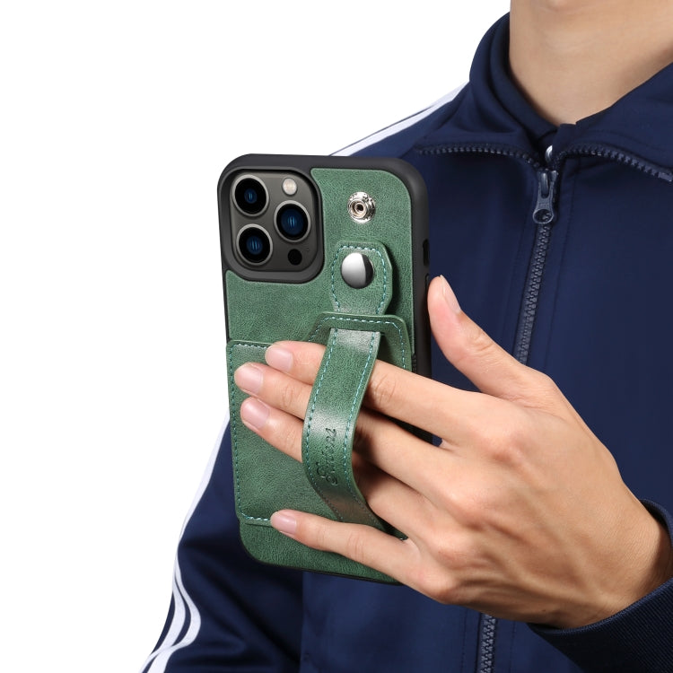 For iPhone 14 Pro Suteni 215 Wrist Strap PU Phone Case(Green) by Suteni