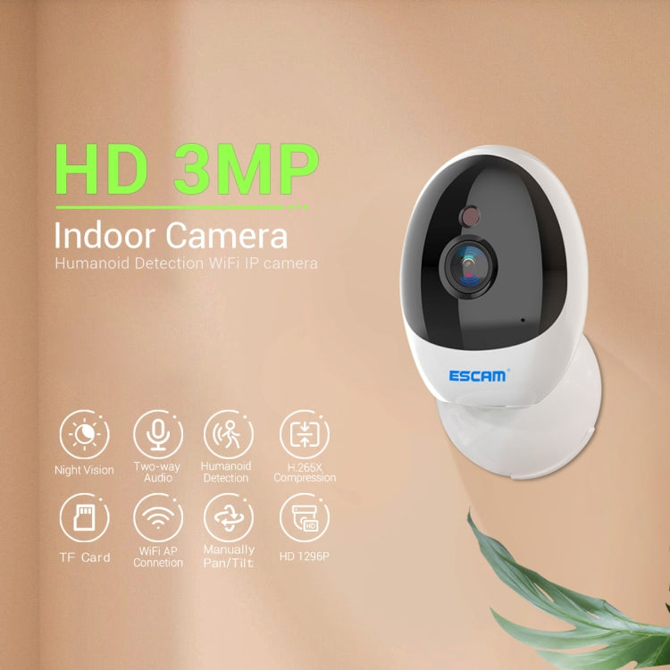 ESCAM QF006 3MP 1296P HD Indoor Wireless PTZ IP Camera IR Night Vision AI Humanoid Detection Home Security CCTV Monitor, Plug Type:EU Plug(White) by ESCAM