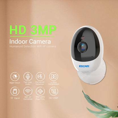 ESCAM QF006 3MP 1296P HD Indoor Wireless PTZ IP Camera IR Night Vision AI Humanoid Detection Home Security CCTV Monitor, Plug Type:EU Plug(White) by ESCAM