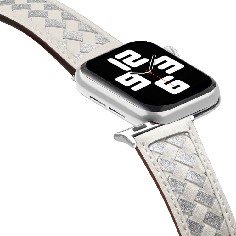 Braided Genuine Leather Watch Band for Apple Watch Series 9&8&7 41mm / SE 3&SE 2&6&SE&5&4 40mm / 3&2&1 38mm(Beige+Silver) by bashfashion