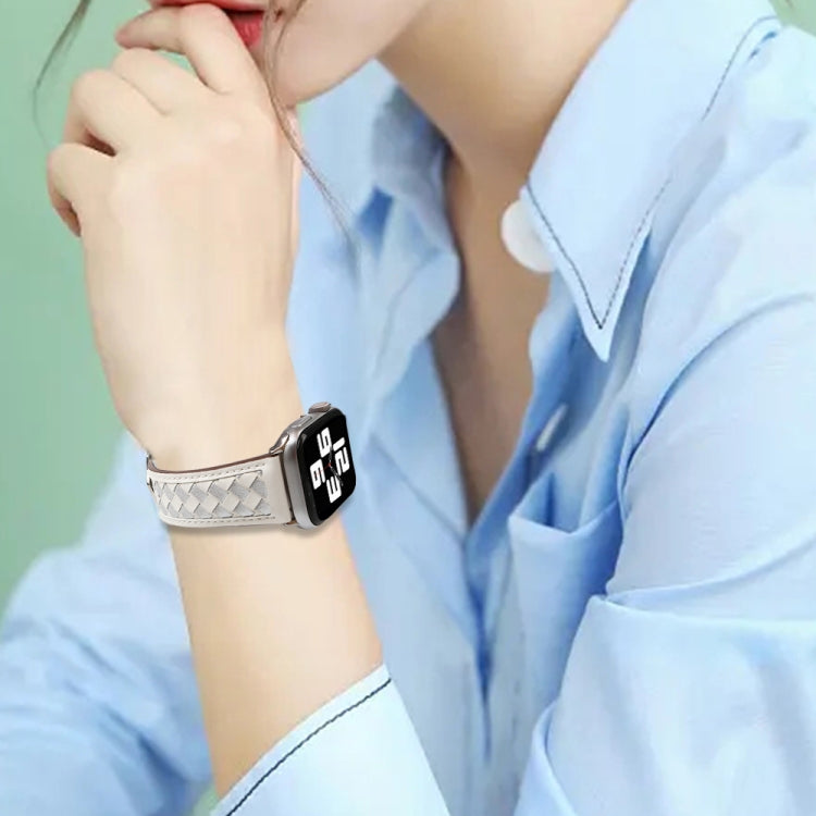 Braided Genuine Leather Watch Band for Apple Watch Series 9&8&7 41mm / SE 3&SE 2&6&SE&5&4 40mm / 3&2&1 38mm(Beige+Silver) by bashfashion