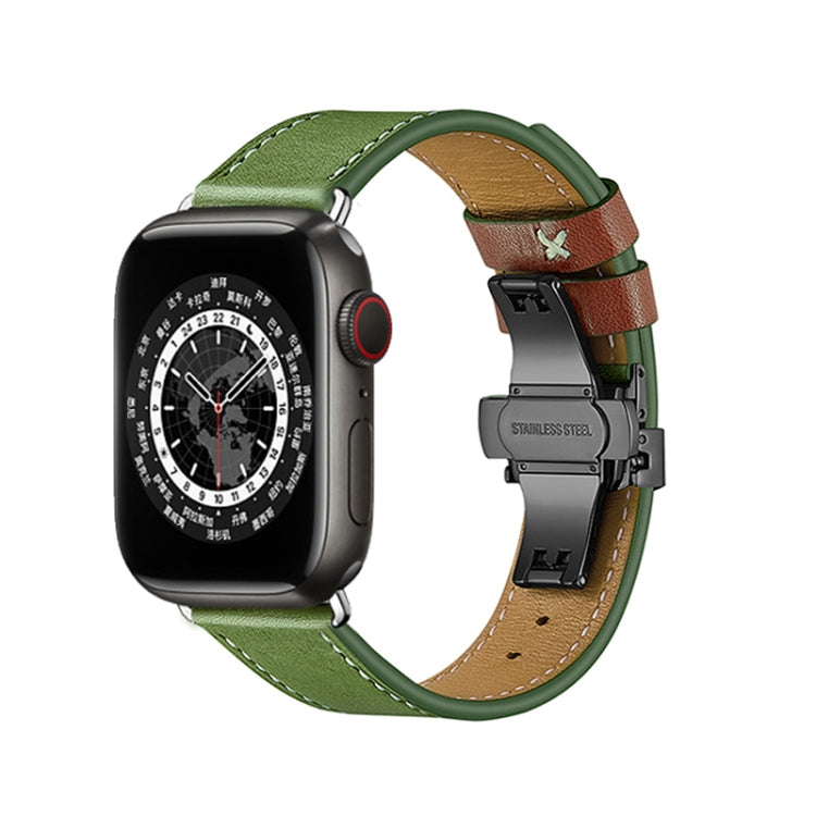 Butterfly Buckle Genuine Leather Watch Band For Apple Watch Ultra 49mm&Watch Ultra 2 49mm / Series 9&8&7 45mm / SE 3&SE 2&6&SE&5&4 44mm / 3&2&1 42mm(Green+Black Buckle) by bashfashion