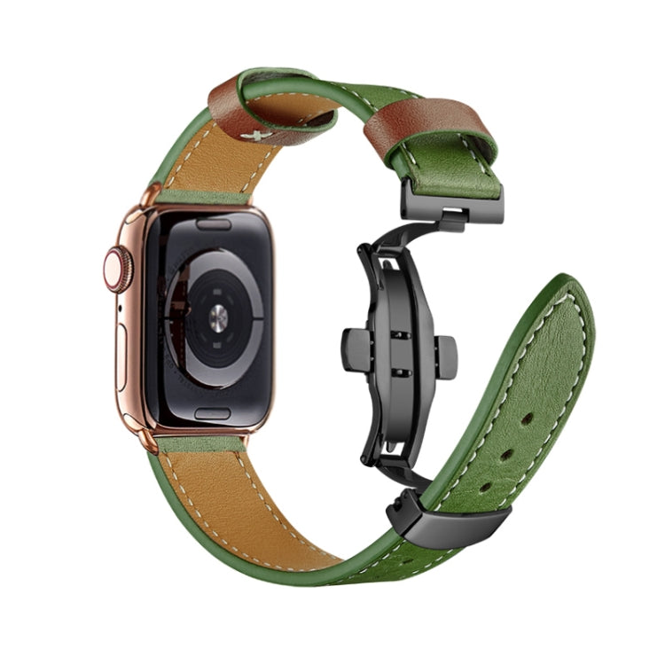 Butterfly Buckle Genuine Leather Watch Band For Apple Watch Ultra 49mm&Watch Ultra 2 49mm / Series 9&8&7 45mm / SE 3&SE 2&6&SE&5&4 44mm / 3&2&1 42mm(Green+Black Buckle) by bashfashion