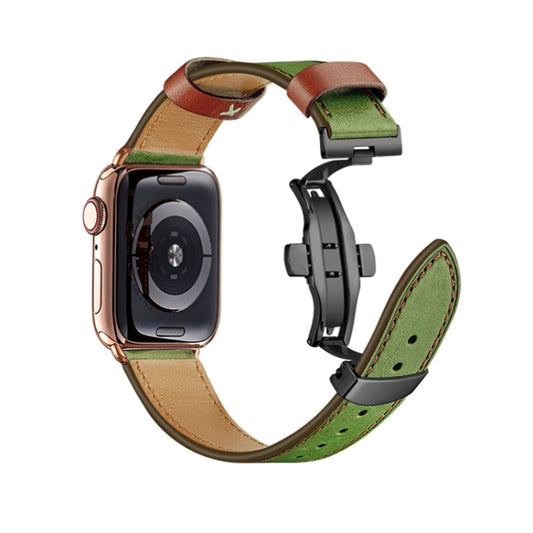 Butterfly Buckle Genuine Leather Watch Band For Apple Watch Ultra 49mm&Watch Ultra 2 49mm / Series 9&8&7 45mm / SE 3&SE 2&6&SE&5&4 44mm / 3&2&1 42mm(Green-Brown+Black Buckle) by bashfashion