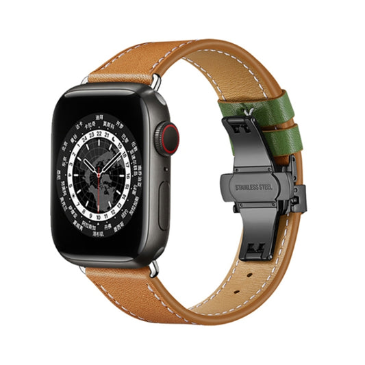 Butterfly Buckle Genuine Leather Watch Band For Apple Watch Ultra 49mm&Watch Ultra 2 49mm / Series 9&8&7 45mm / SE 3&SE 2&6&SE&5&4 44mm / 3&2&1 42mm(Brown-Green+Black Buckle) by bashfashion