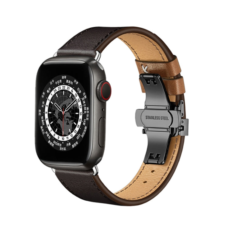Butterfly Buckle Genuine Leather Watch Band For Apple Watch Ultra 49mm&Watch Ultra 2 49mm / Series 9&8&7 45mm / SE 3&SE 2&6&SE&5&4 44mm / 3&2&1 42mm(Coffee+Black Buckle) by bashfashion