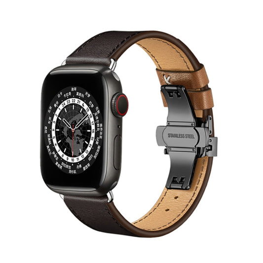 Butterfly Buckle Genuine Leather Watch Band For Apple Watch Ultra 49mm&Watch Ultra 2 49mm / Series 9&8&7 45mm / SE 3&SE 2&6&SE&5&4 44mm / 3&2&1 42mm(Coffee+Black Buckle) by bashfashion