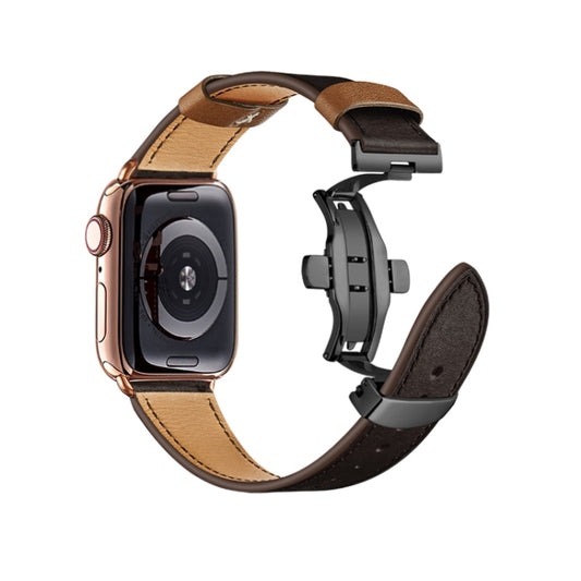 Butterfly Buckle Genuine Leather Watch Band For Apple Watch Ultra 49mm&Watch Ultra 2 49mm / Series 9&8&7 45mm / SE 3&SE 2&6&SE&5&4 44mm / 3&2&1 42mm(Coffee+Black Buckle) by bashfashion