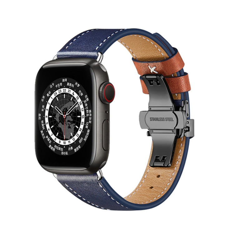 Butterfly Buckle Genuine Leather Watch Band For Apple Watch Ultra 49mm&Watch Ultra 2 49mm / Series 9&8&7 45mm / SE 3&SE 2&6&SE&5&4 44mm / 3&2&1 42mm(Blue+Black Buckle) by bashfashion