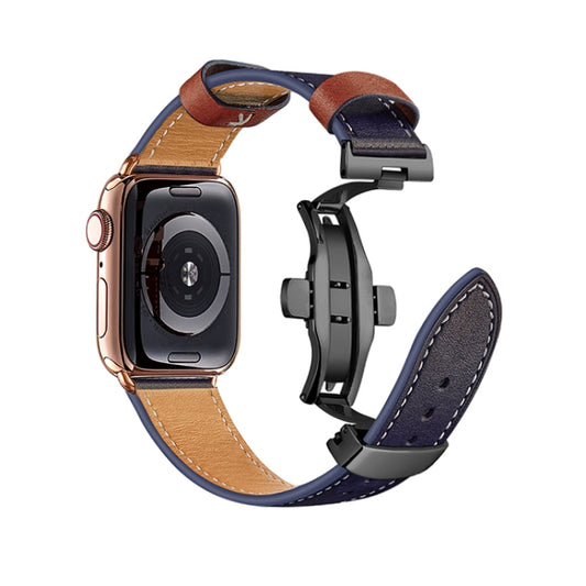 Butterfly Buckle Genuine Leather Watch Band For Apple Watch Ultra 49mm&Watch Ultra 2 49mm / Series 9&8&7 45mm / SE 3&SE 2&6&SE&5&4 44mm / 3&2&1 42mm(Blue+Black Buckle) by bashfashion