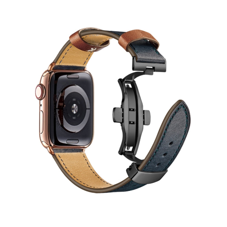 Butterfly Buckle Genuine Leather Watch Band For Apple Watch Ultra 49mm&Watch Ultra 2 49mm / Series 9&8&7 45mm / SE 3&SE 2&6&SE&5&4 44mm / 3&2&1 42mm(Blue-Brown+Black Buckle) by bashfashion