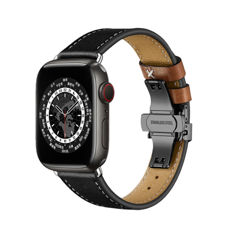 Butterfly Buckle Genuine Leather Watch Band For Apple Watch Ultra 49mm&Watch Ultra 2 49mm / Series 9&8&7 45mm / SE 3&SE 2&6&SE&5&4 44mm / 3&2&1 42mm(Black-Brown+Black Buckle) by bashfashion